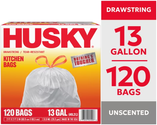 Husky 13 Gallon Tall Kitchen Drawstring Bags, 120 Count