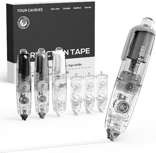 Four Candies 3-Piece Refillable Retractable White Correction Tape w/ 3 Extra Refills Deal