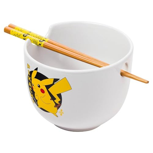 Silver Buffalo Pokemon Pikachu 20-Oz Ceramic Ramen Noodle Rice Bowl w/ Chopsticks