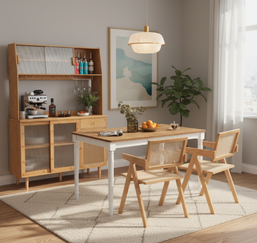 Costway 36"-60" Extendable Table, 2 Rattan Accent Chairs, and 69" Kitchen Cabinet