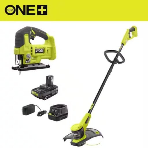 RYOBI ONE+ 18V 13 in. Cordless Battery String Trimmer and Jig Saw with 2.0 Ah Battery & Charger Deal