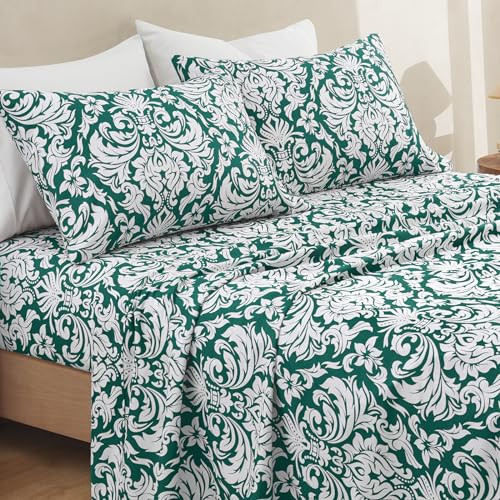 Horbaunal 4 Piece Queen Bed Sheet Set - Damask Pattern Dark Green