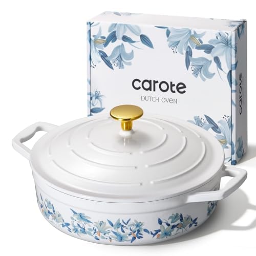 CAROTE 3.5-Quart Enameled Cast Iron Braiser Pan w/ Lid (White & Blue) Deal
