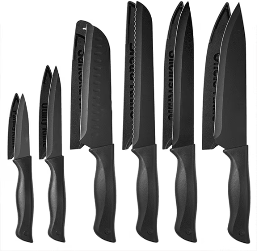 NULAS 6-Piece Sharp Kitchen Knife Set with Covers, Black
