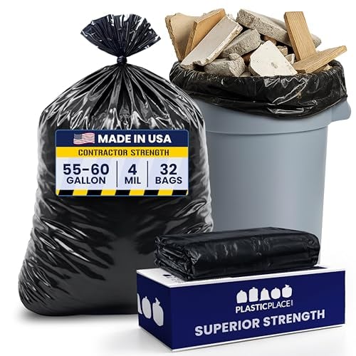 Plasticplace 55 Gallon Contractor Bags, Black, 38'' x 58'', 4 Mil, 32/Case
