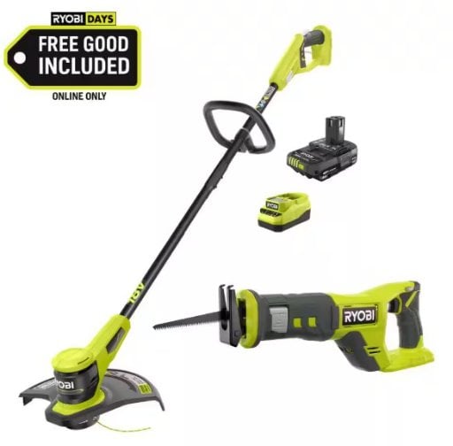 RYOBI ONE+ 18V 13 in. Cordless Battery String Trimmer with 2.0 Ah Battery and FREE Cordless Reciprocating Saw