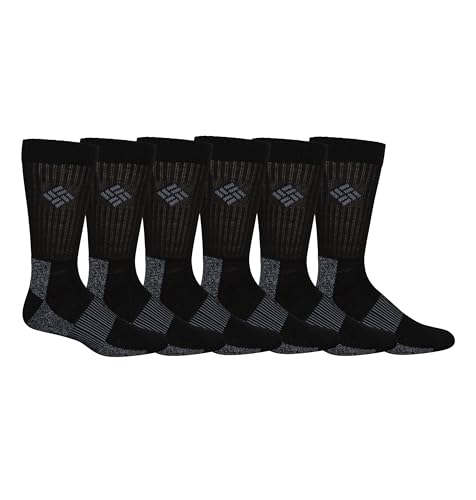 6-Pairs Columbia Men's Moisture Control Crew Socks, Black, Size 6-12