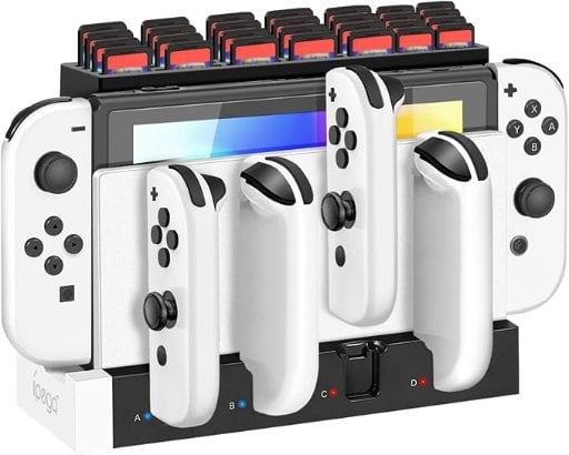 TNP Joy Con 4 Switch Controllers Charging Dock and Organizer Stand w/ 28-Game Card Storage (Red and Black)