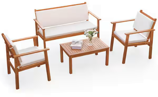 Chillrest 4-Piece Acacia Wood Patio Conversation Set with Cream Cushion