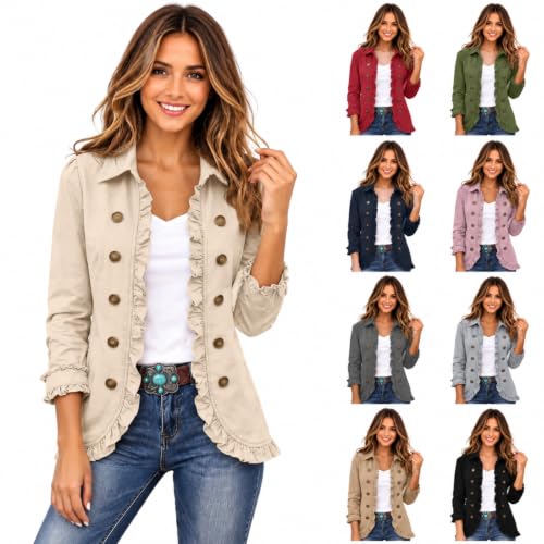 Women Ruffle Trim Open Front Collared Denim Jacket Deal