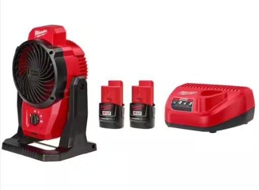 Milwaukee M12 12-Volt Lithium-Ion Cordless Jobsite Fan with M12 Compact 2.0 Ah Battery (2-Pack) Starter Kit and Charger Deal