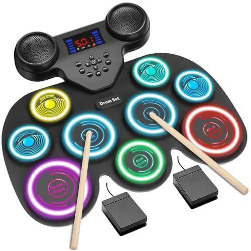 Yuoioyu 9-Pads Bluetooth Electric Drum Set with 7-Color Dynamic LED Lights & Dual Speakers