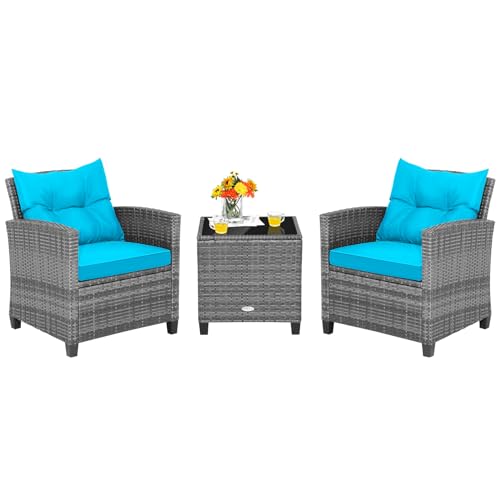 Tangkula Rattan Patio Furniture Set 3-Piece Grey-Turquoise