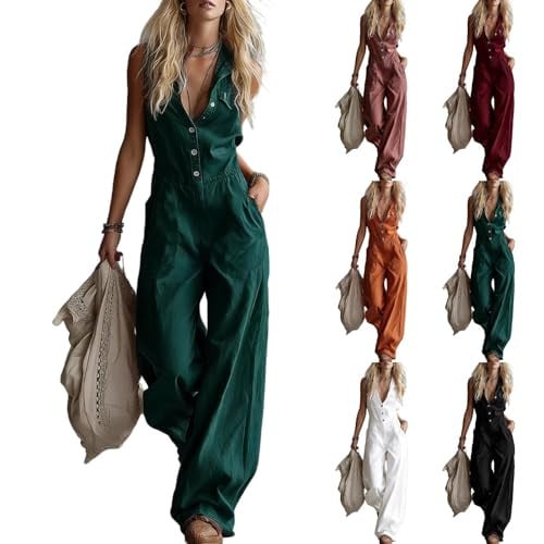 Linen Jumpsuits V Neck Button Front Wide Leg Rompers Deal