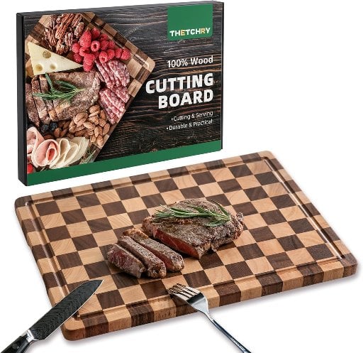 THETCHRY 17" x 12" Acacia Wood Double-Sided Checkered Cutting Board Deal