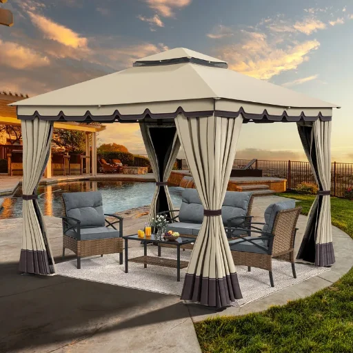 10x10' Outdoor Double Roof Gazebo w/ Netting & Curtains