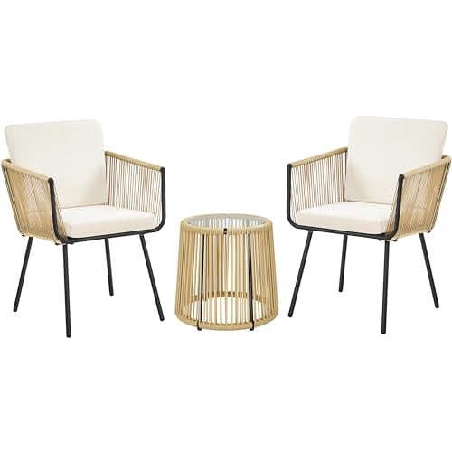Yaheetech 3-Piece Outdoor Bistro Rattan Patio Set w/ Cushioned Chairs & Glass Table (Tan/Cream) Deal
