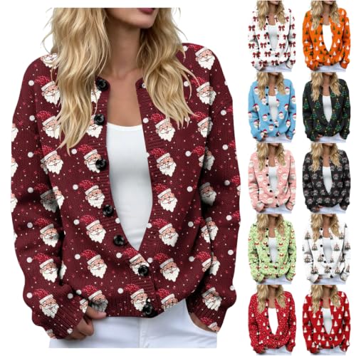 Womens Cardigan Christmas Print Button Front Knit Jacket Deal