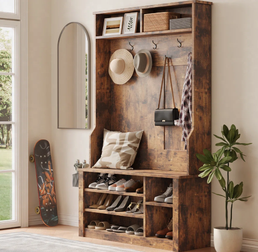 Farmhouse Hall Tree with Bench, Shoe Storage, Side Baskets & Hooks Deal