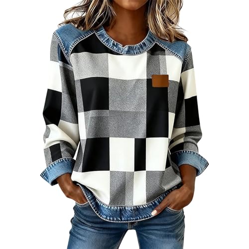 Women Buffalo Plaid Top Denim Splice Casual Blouse Shirt Deal