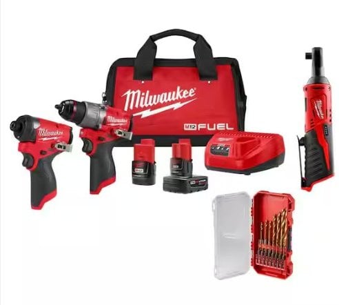 Milwaukee M12 FUEL 12V Cordless Hammer Drill/Impact Kit + 15-Pc Titanium Set Combo Kit Deal