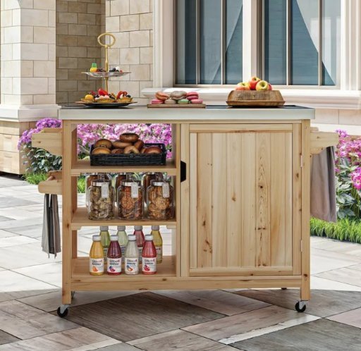 Yitahome 53.7" Solid Wood Movable Kitchen Cart W/Storage Cabinet and Stainless Tabletop