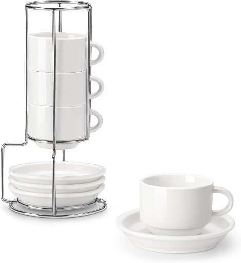 MALACASA 4-Count 2.5-Oz Porcelain Stackable Cups & Saucers Set