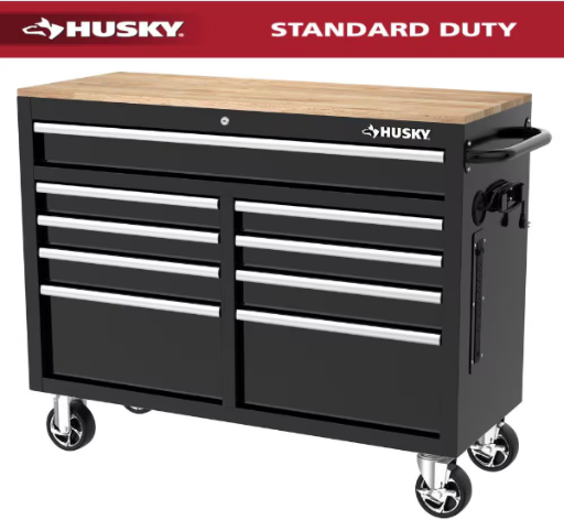 Husky Tool Storage 46 in. W 9-Drawer Mobile Workbench Cabinet in Gloss Black