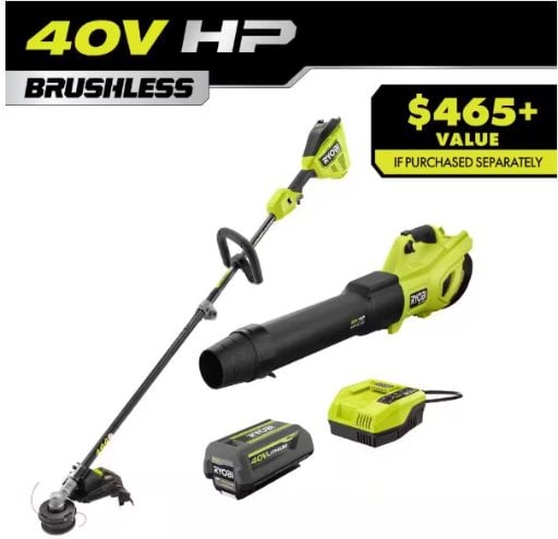 Ryobi 40V HP Brushless Carbon Fiber String Trimmer + 650 CFM 160 MPH Leaf Blower