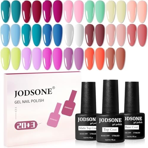 JODSONE 23 PCS Gel Polish Kit Colorful Fashion Classic Nail Gel Set 3 Bottles of Base Coat Matte and Glossy Top Coat Deal