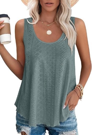 Women's Scooped Neck Eyelet Summer Tank Tops Deal
