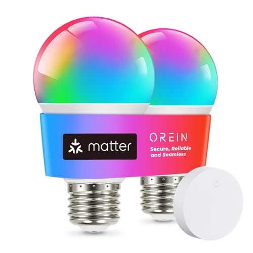 2-Pack OREiN Matter Smart A19 RGBTW Color Changing LED Light Bulbs with Remote