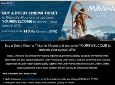 Fandango: $5 off Dolby Cinema Tickets to Moana Deal