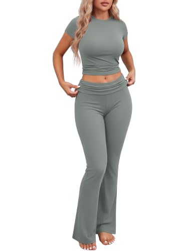 Ekouaer Women 2 Piece Pajama Set Short Sleeve Crop Top Foldover Flare Pant Deal