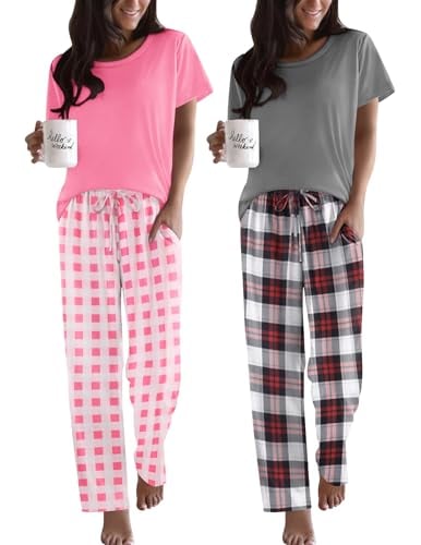 Ekouaer Womens Pajama Set Short Sleeve Top and Printed Pants Soft Pj 2-Pack