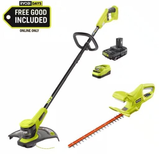 RYOBI ONE+ 18V 13" Cordless Battery String Trimmer with 2.0 Ah Battery and FREE 18" Cordless Battery Hedge Trimmer Deal