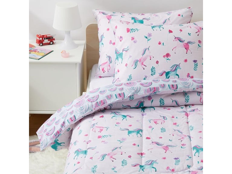 3-Piece Amazon Basics Kids' Cotton Shell Reversible Comforter Set w/ Sham (Full/Queen, Unicorns & Rainbows) Deal