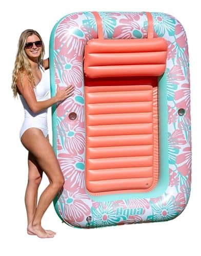 Aqua Inflatable Tanning Pool Lounger Large (71 x 48 in) Pink Flower Coral