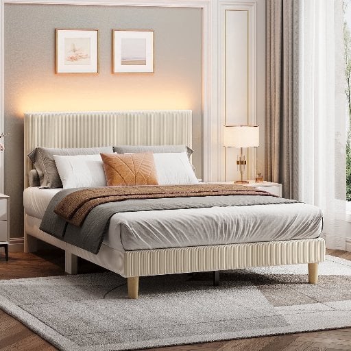 Bestier Full-Sized Corduroy Upholstered Platform Bed Frame w/ Adjustable Headboard, LED Light & Wood Slats