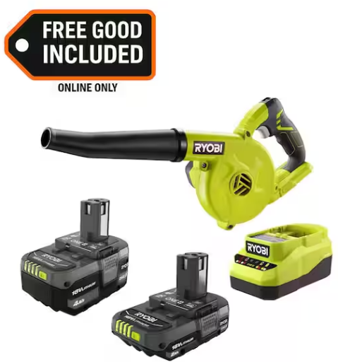RYOBI ONE+ 18V Lithium-Ion Kit w/ 2.0 Ah and 4.0 Ah Batteries, Charger & FREE ONE+ 18V Cordless Compact Workshop Blower