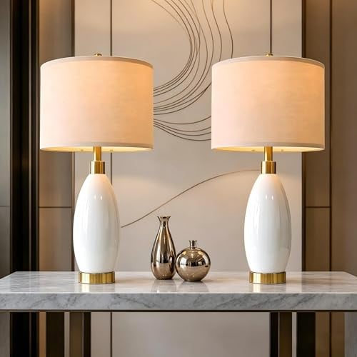 24" White Oval Ceramic Table Lamp Set of 2 Deal
