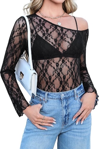 Totatuit Sheer Lace Off The Shoulder Tops 