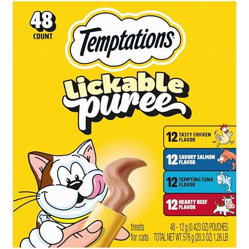 Temptations Creamy Puree Squeezable Lickable Cat Treats, Variety Pack, 0.42 oz. Tubes, 48 Count