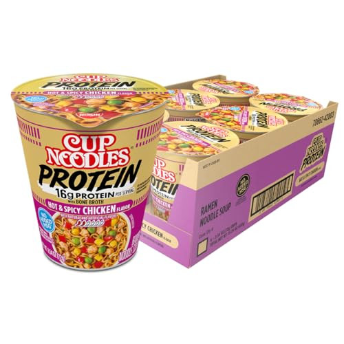 6 Pack of Nissin Cup Noodles Protein Ramen, Chicken Flavor Spicy Ramen with Bone Broth, 2.54 Oz. Cups
