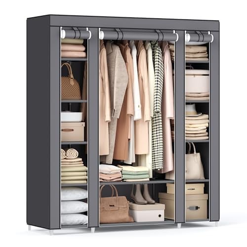 SONGMICS Portable Closet Wardrobe 59 x 17.7 x 69 Inches 12 Compartments Gray