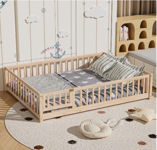 Triple Tree Montessori Full Floor Bed Frame for Toddlers with Wooden Fence
