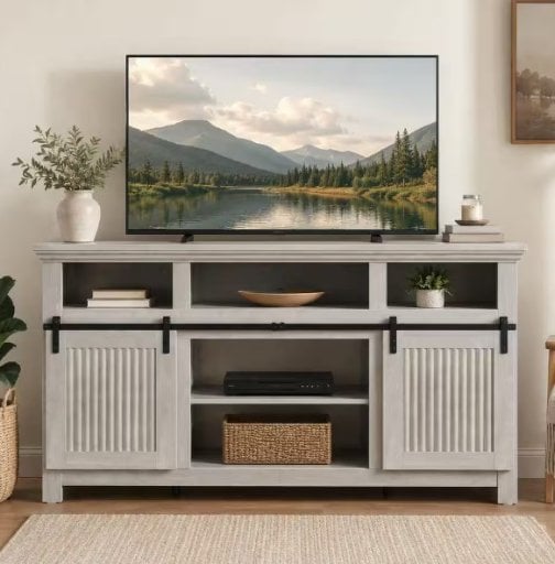 60.6" Farmhouse TV Stand Entertainment Center with Sliding Barn Door Cabinet (Wash White Gray) Deal