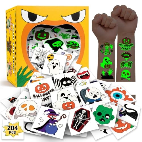 204 PCS Glow Halloween Tattoos for Kids with Mystery Prize Box