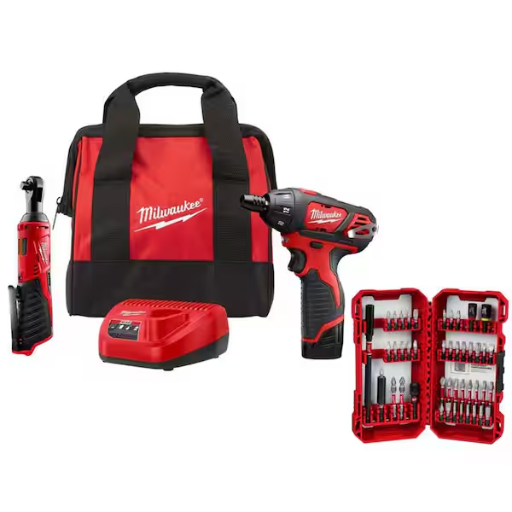 Milwaukee M12 12V Lithium-Ion Cordless 3/8 in. Ratchet and Screwdriver Combo Kit (2-Tool)