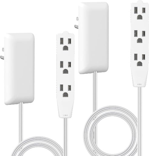 Ultra-Thin Wall Plate Plug with Cord Extender and 3-Outlet Power Strip - 2 Pack